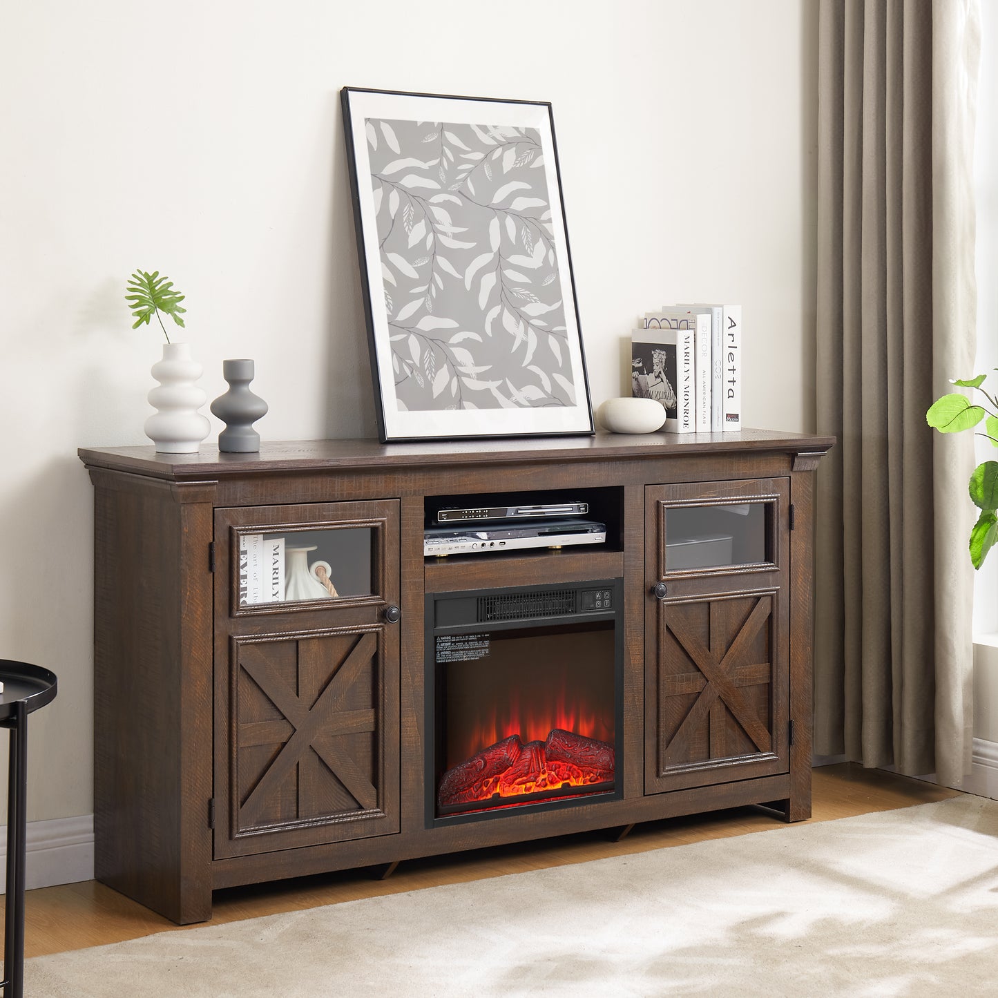 2 Doors Cabinet Farmhouse  Cabinet, Farmhouse TV Stand Barn Design,Farmhouse TV Media Stand, Large Barn Inspired Home Entertainment Console With 18  Fireplace Insert,Espresso,60.23 Wx15.35 Dx31.7 H