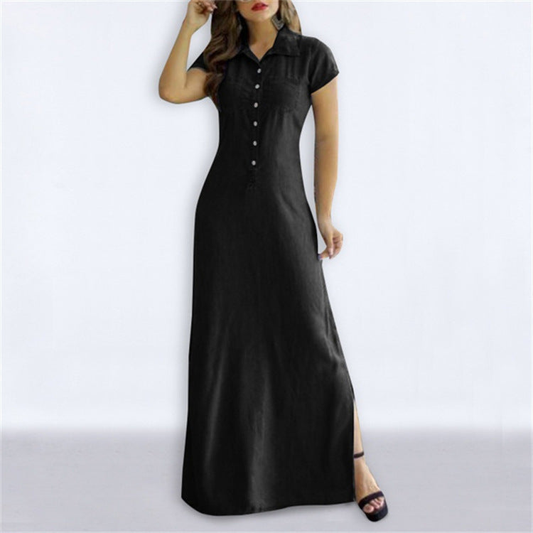 Women's Denim Look Turn Down Collar Short Sleeve Button Front Maxi Dress, Casual A-Line Long Dress For Daily & Office
