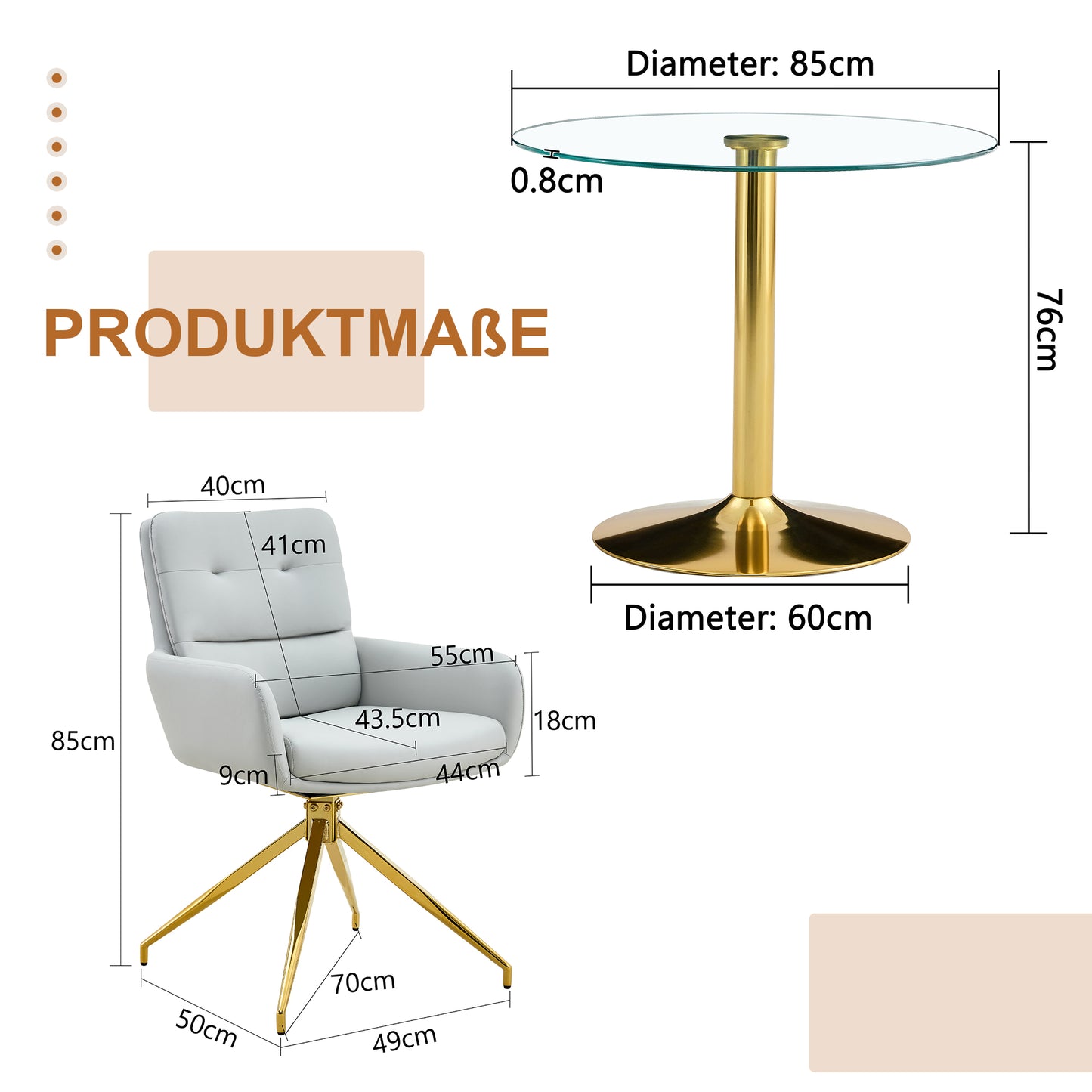 Table & Chair Collection Round, Slightly Luxurious Glass Table With 85 Cm Diameter And Metallic Support Structure, Combined With 4 Light Grey 360 Swivel PU Dining Chairs.