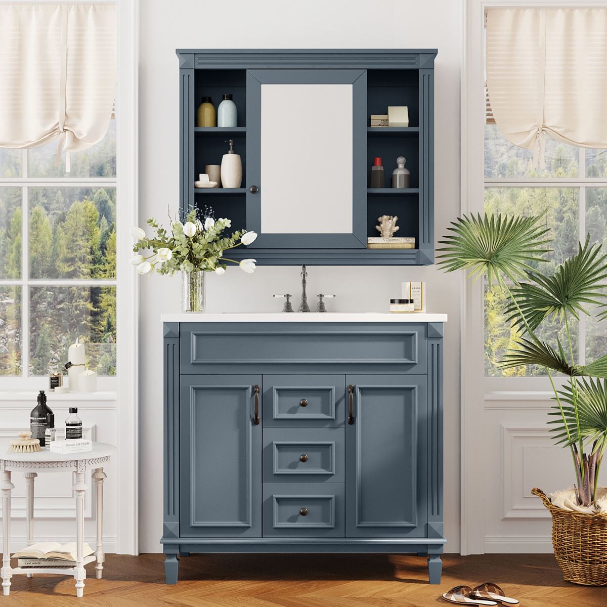 36'' Bathroom Vanity with Top Sink, Royal Blue Mirror Cabinet, Modern Bathroom Storage Cabinet with 2 Soft Closing Doors, Single Sink Bathroom Vanity