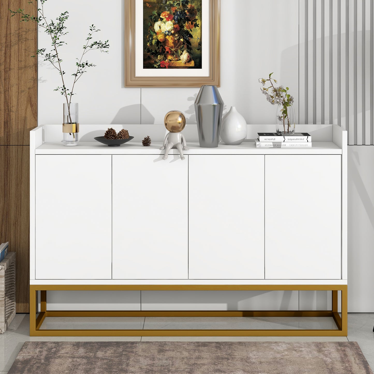 Modern Minimalist Style Sideboard 4 Door Handleless Buffet Cabinet For Dining Room, Living Room, Kitchen  White