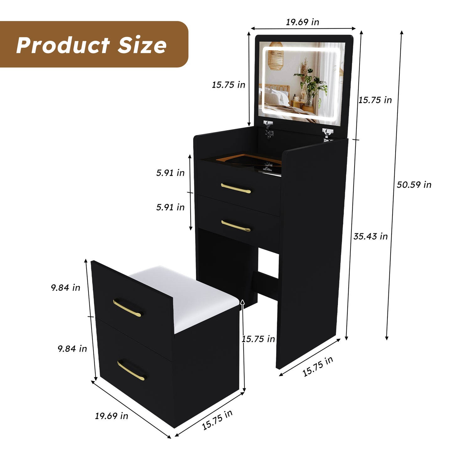 3 In 1 Vanity Desk With Open Top Mirror,Small Make Up Vanity Set With Visible Glass Desktop,Compact Makeup Vanity With 3 Drawers,Dressing Table For Bedroom  Black