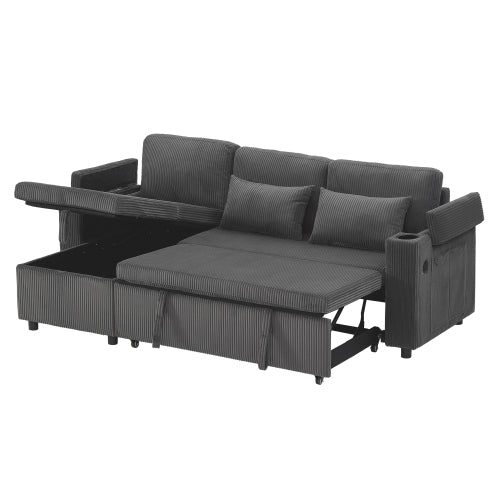 3 In 1 Convertible Corduroy Sofa Bed With Storage Chaise, L Shaped Sleeper Sofa Couches With Armrest Storage And Charging Station. Pullout Sectional Daybed For Living RoomBedroomOffice, Grey