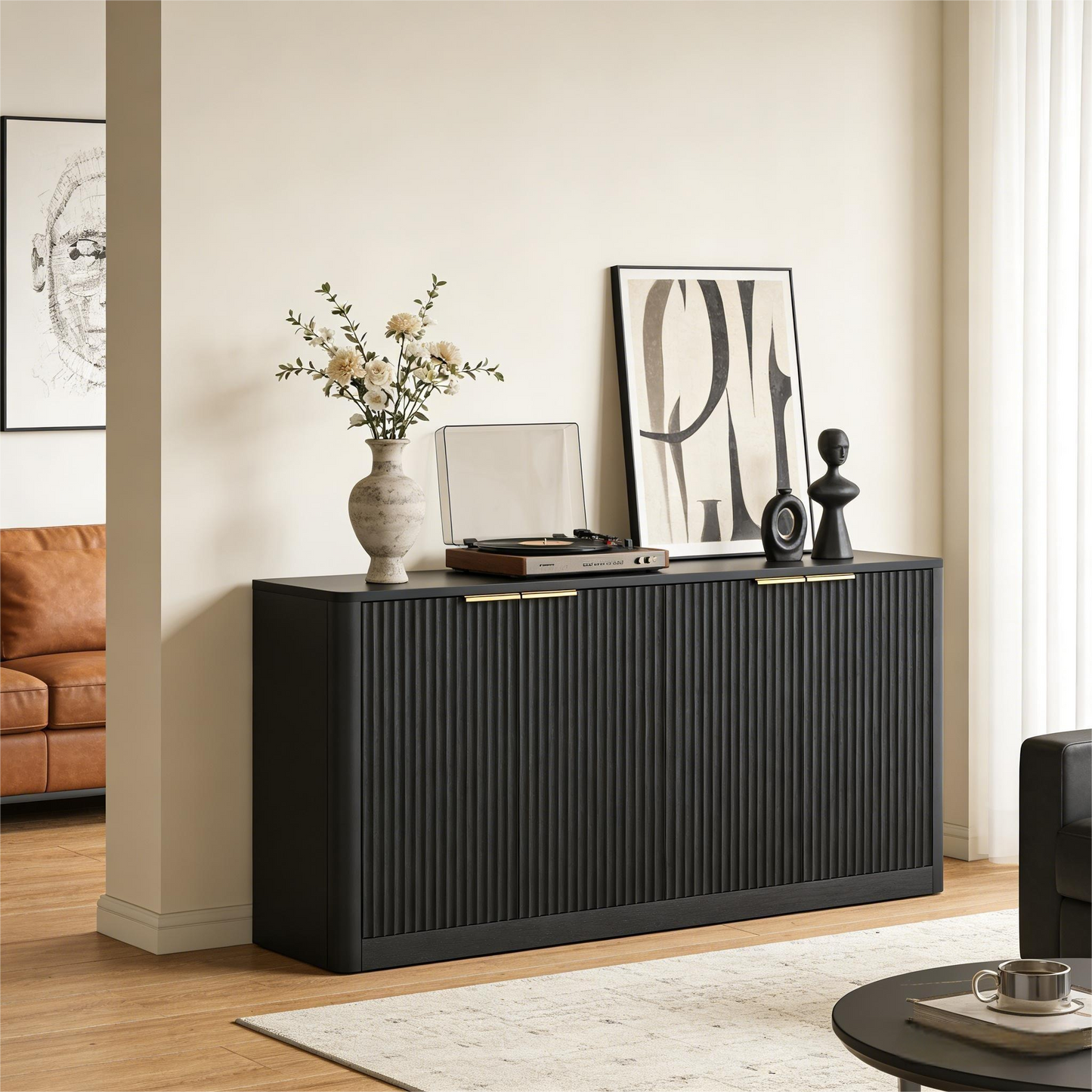 150cm Modern Sideboard With Wave Shape,Storage Cabinet With Curved Contour Design,4 Door Cabinet With Storage Function,Suitable For Kitchen Bedroom Living Room,Black,150x40x70.5cm