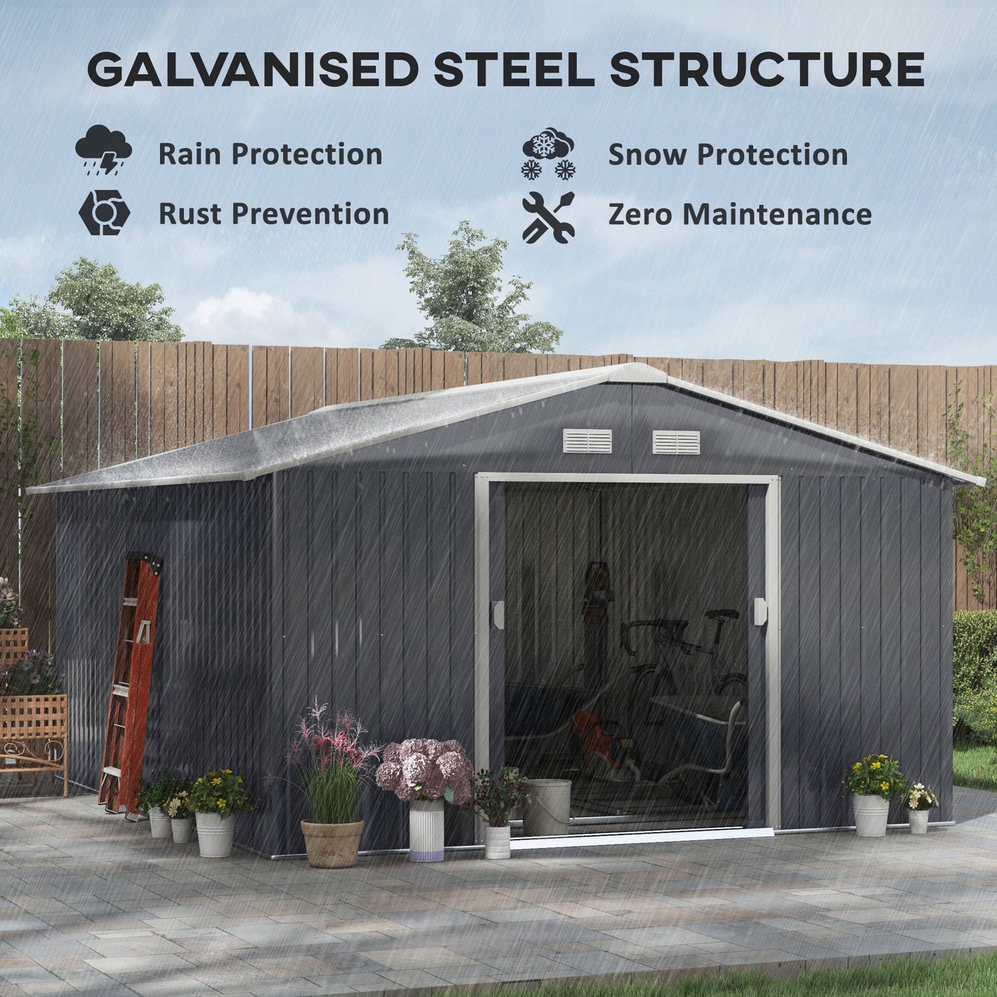 11 x 13 Garden Metal Shed, Storage Shed Utility Storage with Double Locking Doors for Bike, Yard Tools, Dark Gray