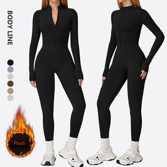 Fleece-lined Thermal Zip-up Fitness Bodycon Pants With A Cinched Waist