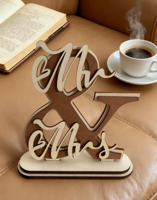 Personalized Ampersand & Mr Mrs Wooden Table Sign With Base, Custom Engraved Couple Names & Wedding Date Freestanding Wood Decor, Wedding Sweetheart Table Centerpiece, Anniversary Engagement Keepsake