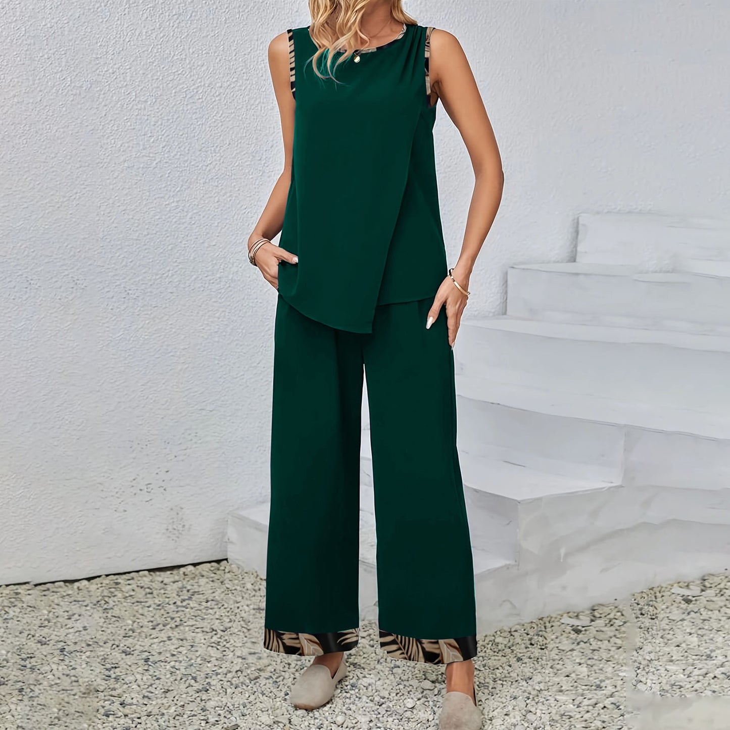 New Round-neck Sleeveless Asymmetrical Top And Pants Cotton Set With Pockets