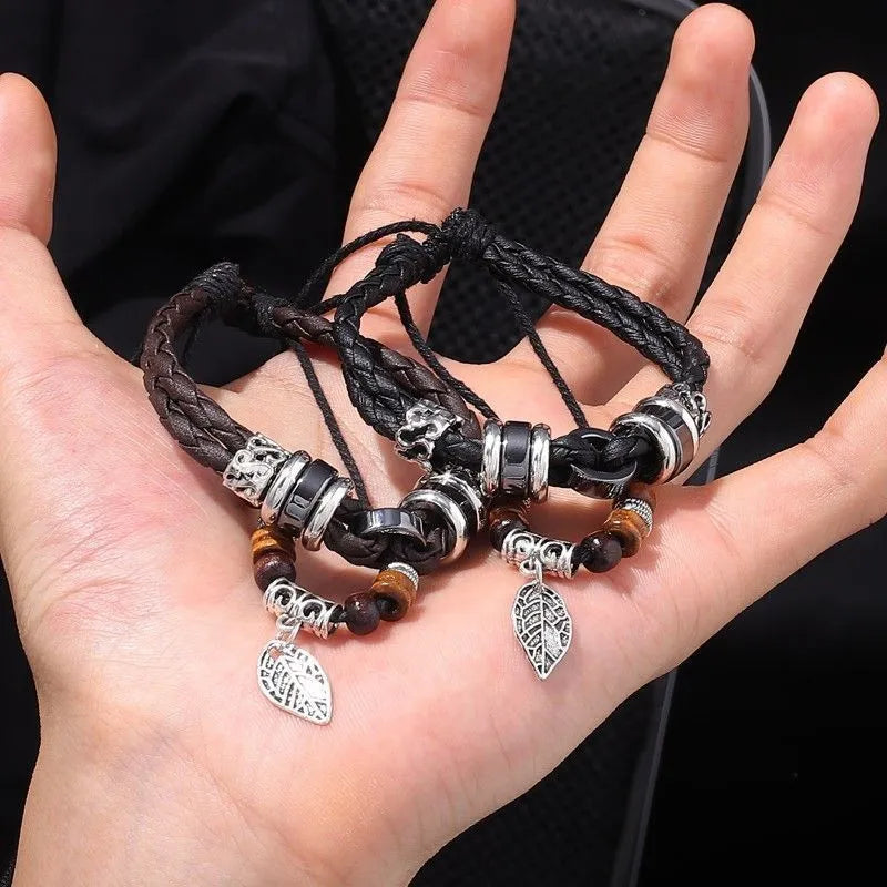 1pcs Double Layer Braided Leather Wooden Bead Leaf Charm Bracelet, Vintage Boho Ethnic Style, For Men Women Daily Outdoor Wear & Couple Holiday Gifts