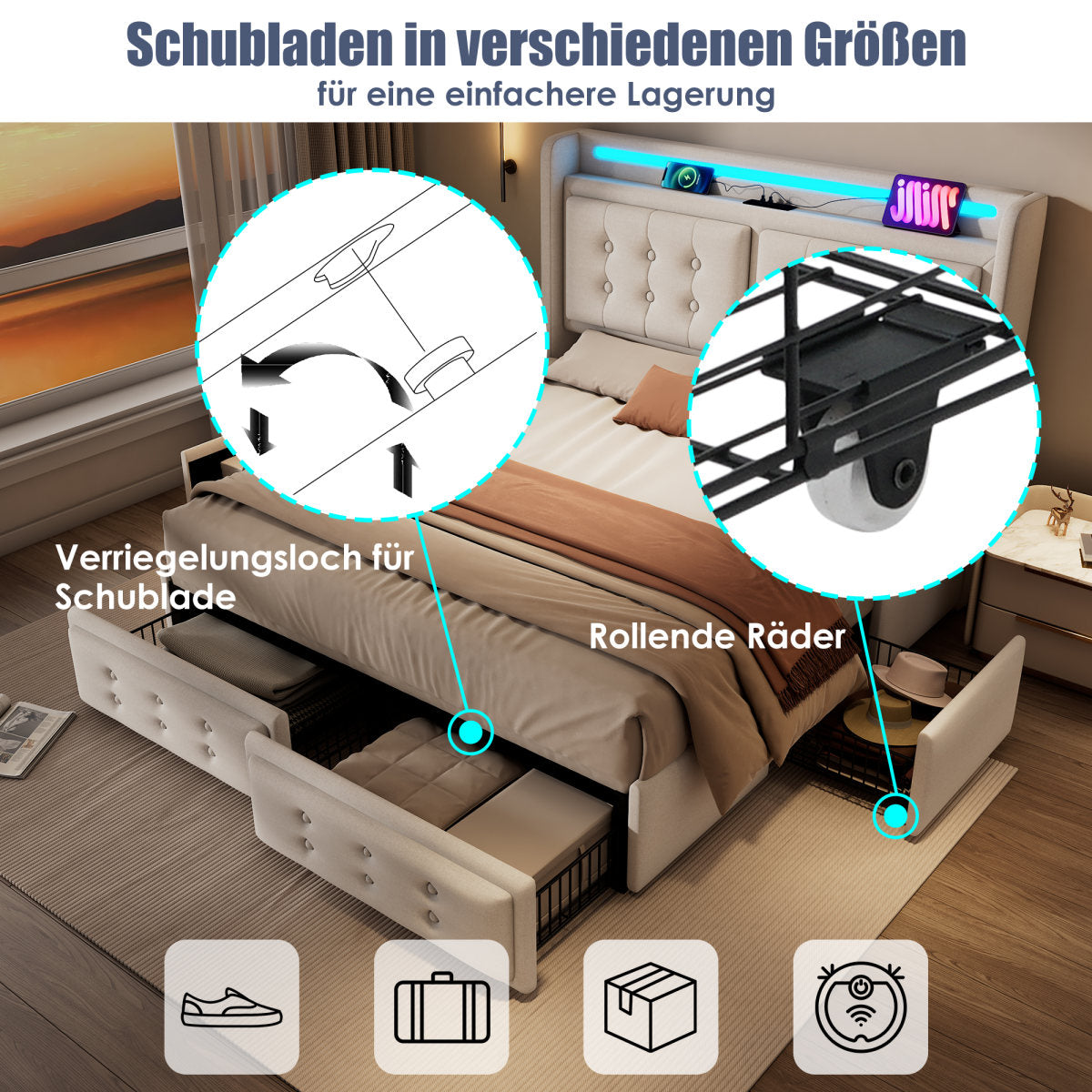 Upholstered Bed 160x200, Double Bed With LED Headboard And USB C Charging Function And 4 Drawers, Storage Beds With Wooden Slatted Base And Metal Frame, Load Capacity 300 Kg,beige,cotton Without Mattr