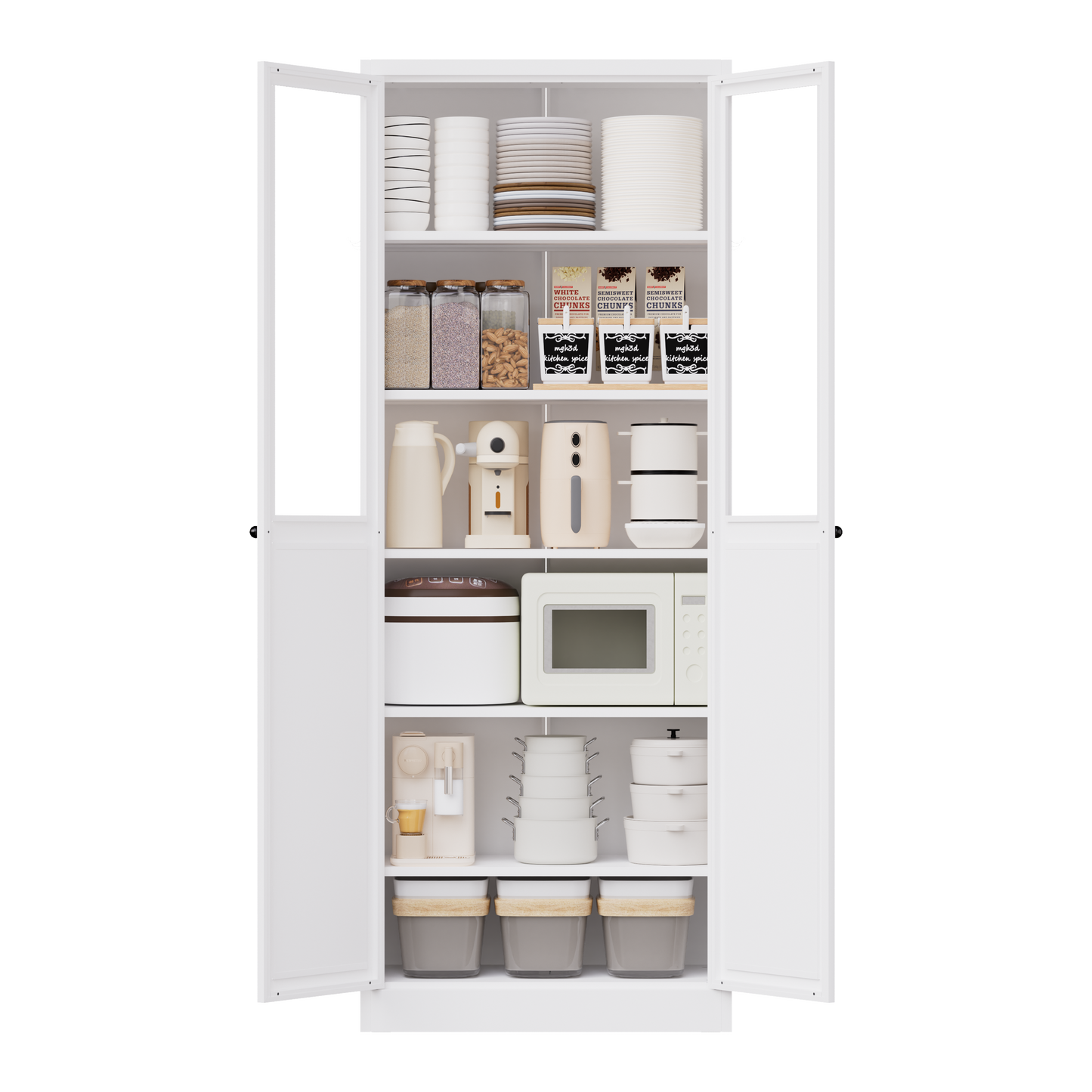 72  Metal Kitchen Pantry Cabinet With Doors & Shelves, Tall Heavy-Duty Adjustable Storage Organizer, Tool-Free Assembly Freestanding Cabinet For Living Room, Bathroom, White