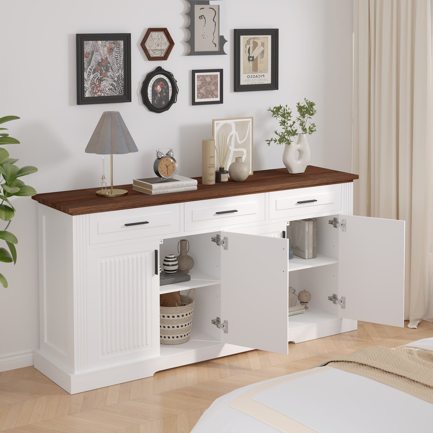 63  Fluted Sideboard Buffet Cabinet With Storage, Modern Coffee Bar Station With 4 Doors And 3 Drawers, Kitchen Storage Console Table For Living Room Dining Room Entryway, White