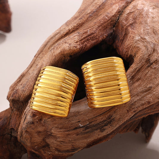 Korean Style Minimalist Striped Square Stud Earrings, 18K Gold Plated Stainless Steel, Elegant Daily Jewelry For Women