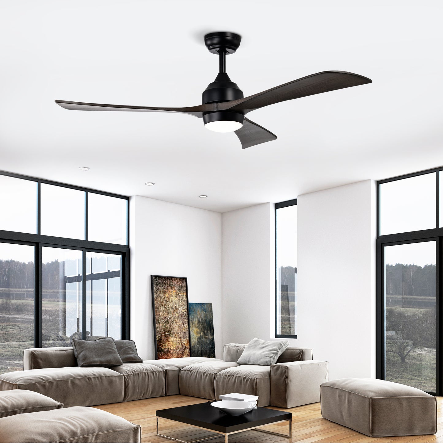 52in Solid Wood Blades Ceiling Fan With Lights Remote Control,Quiet DC Motor 3 Blade Ceiling Fans 6 Speed Levels,Reversible Ceiling Fan, For Patio Living Room, Bedroom, Office,Indoor.  Matte Black