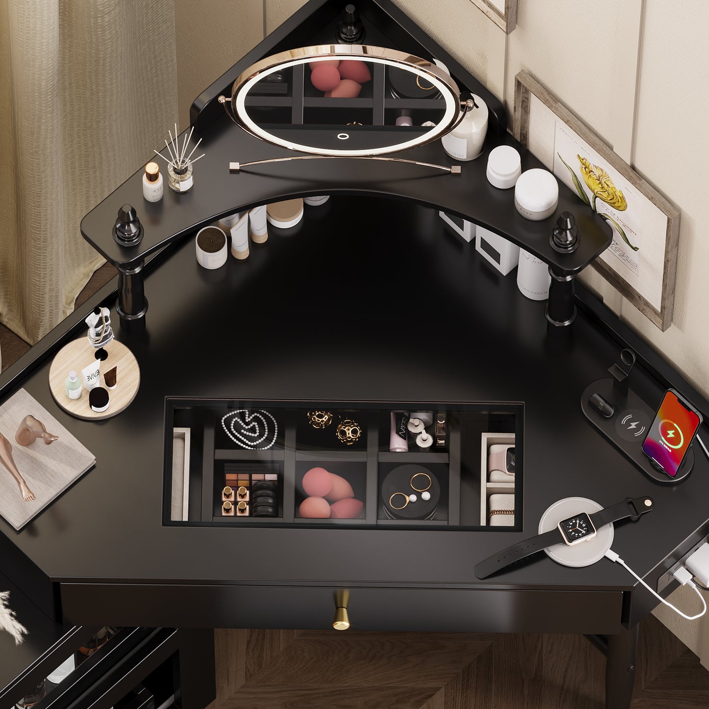 Corner Vanity Desk Set With Storage Cushioned Stool And Charging Station, Triangle Makeup Desk With Removable Pull-Out Side Cabinet, Glass Tabletop Makeup Vanity Desk With Drawer And Shelf, Black