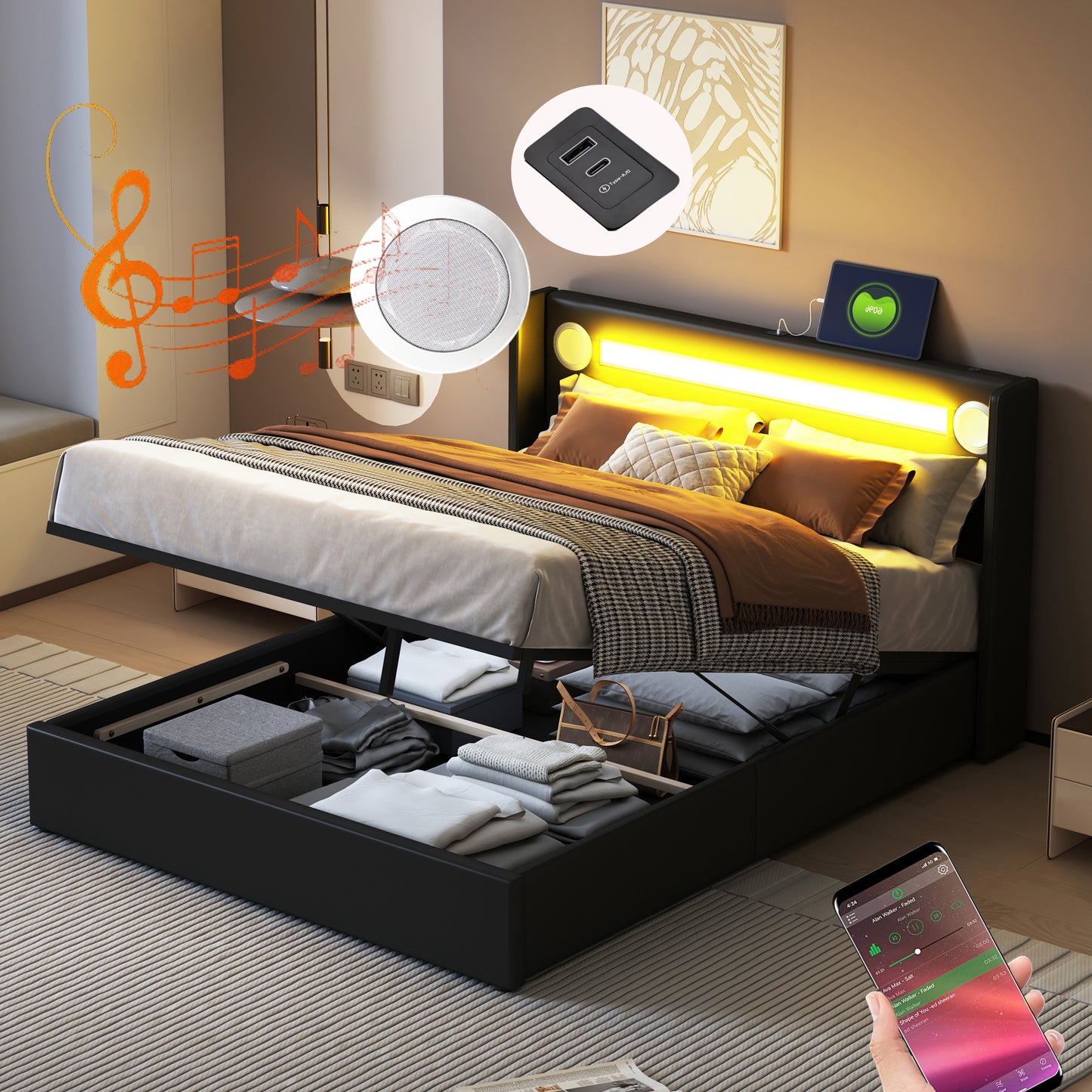 Upholstered Bed 140x200 Bed With LED Light Strip, Bluetooth Player And USB Charging, Storage Bed Made Of PU Leather, Loft Bed Box, Double Bed With Slatted Base Black