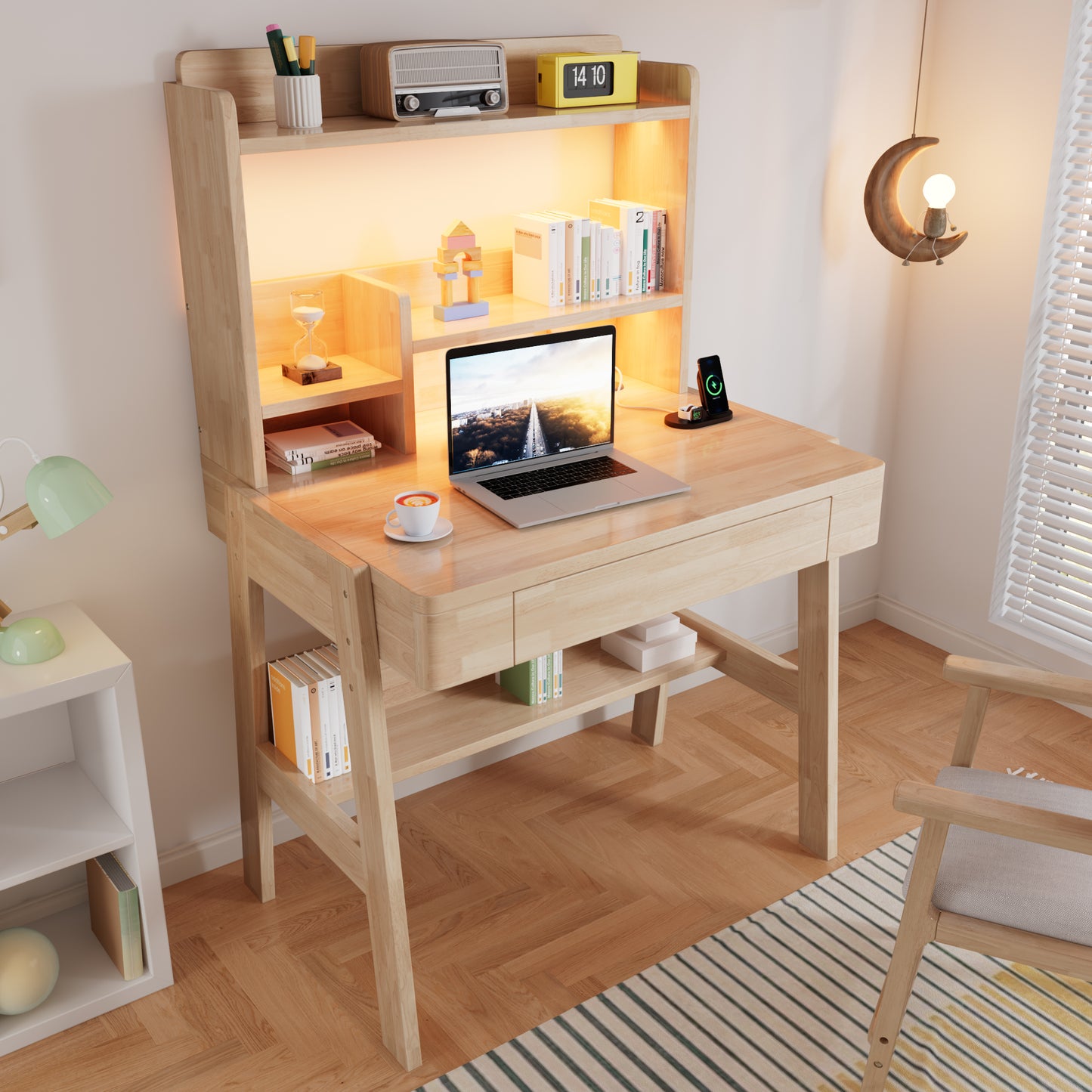 Children's Table, Height-adjustable Children's Desk Made Of Solid Wood, Natural Color, With LED Light Strip, USB Port, Drawer & Storage Space, Child-friendly, For Children Aged 6 And Up