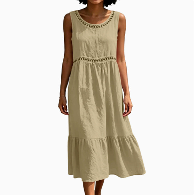 New Lace Casual Round-neck Solid-color Sleeveless Cotton-linen Dress For Women