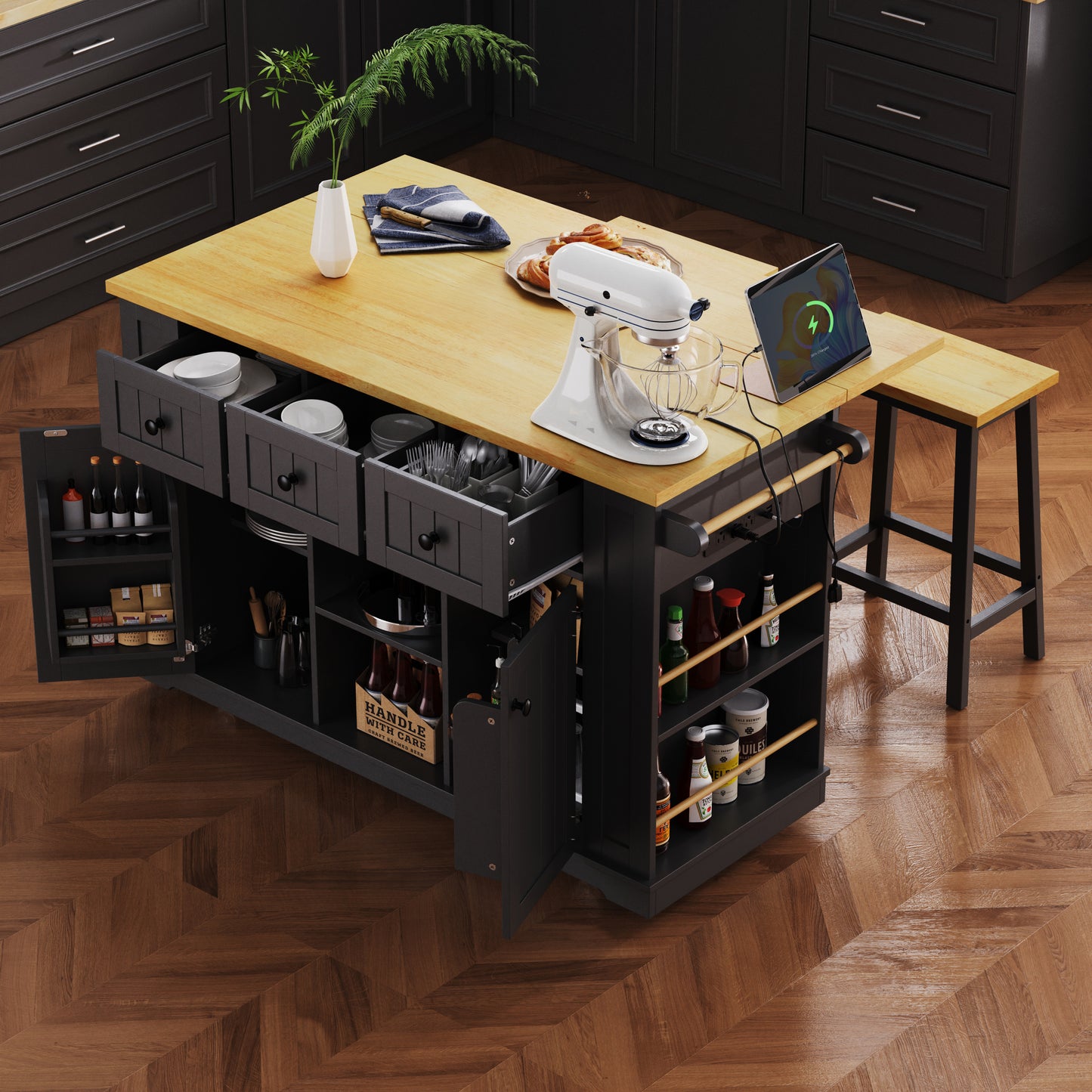 K&K 53inch Large Kitchen Island With Drop Leaf,Power Outlet,Door Internal Storage Rack,Rolling Kitchen Cart On 5 Wheels With 5 Open Side Racks For Kitchen,Black Two Packages  Stools Not Included