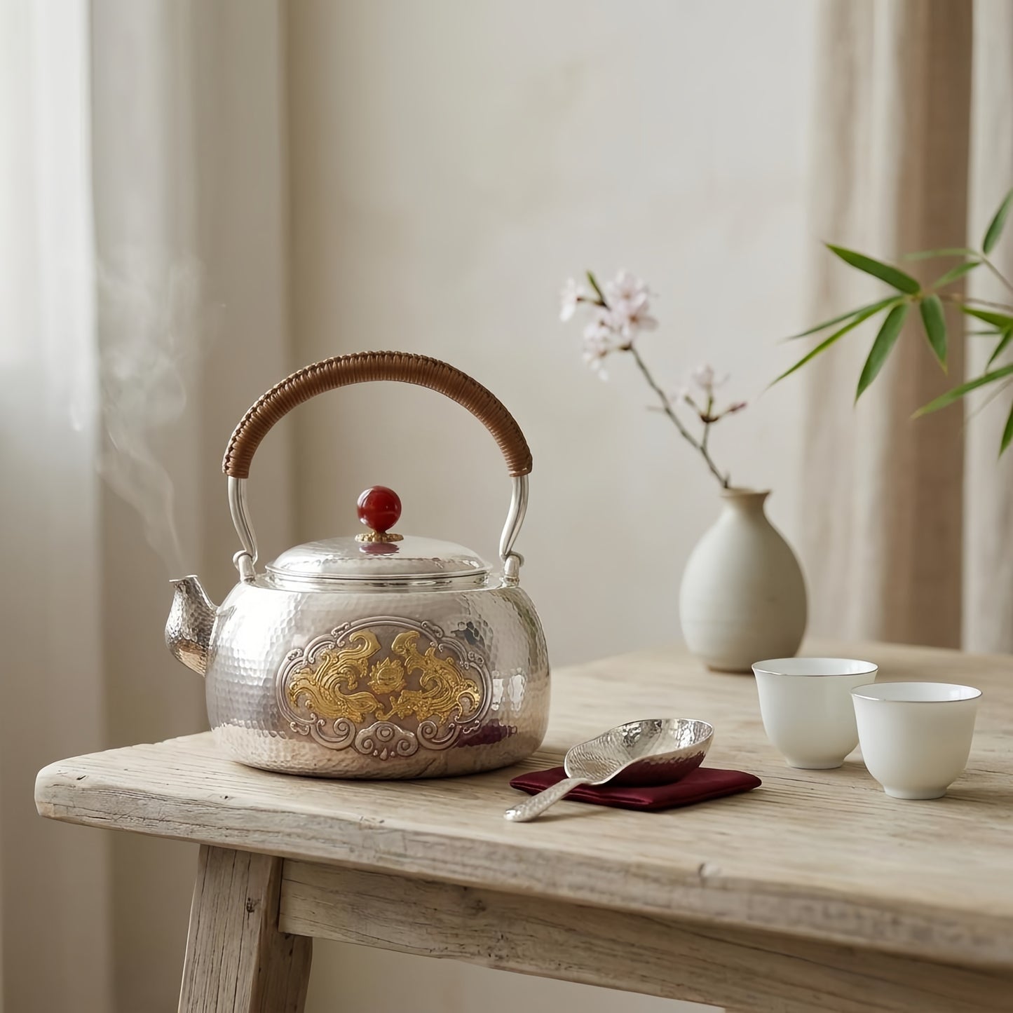 Pure 999 Fine Silver Hand-Hammered Silver Tea Kettle with Intricate Gilt Relief and Natural Rattan Handle - Handicraft