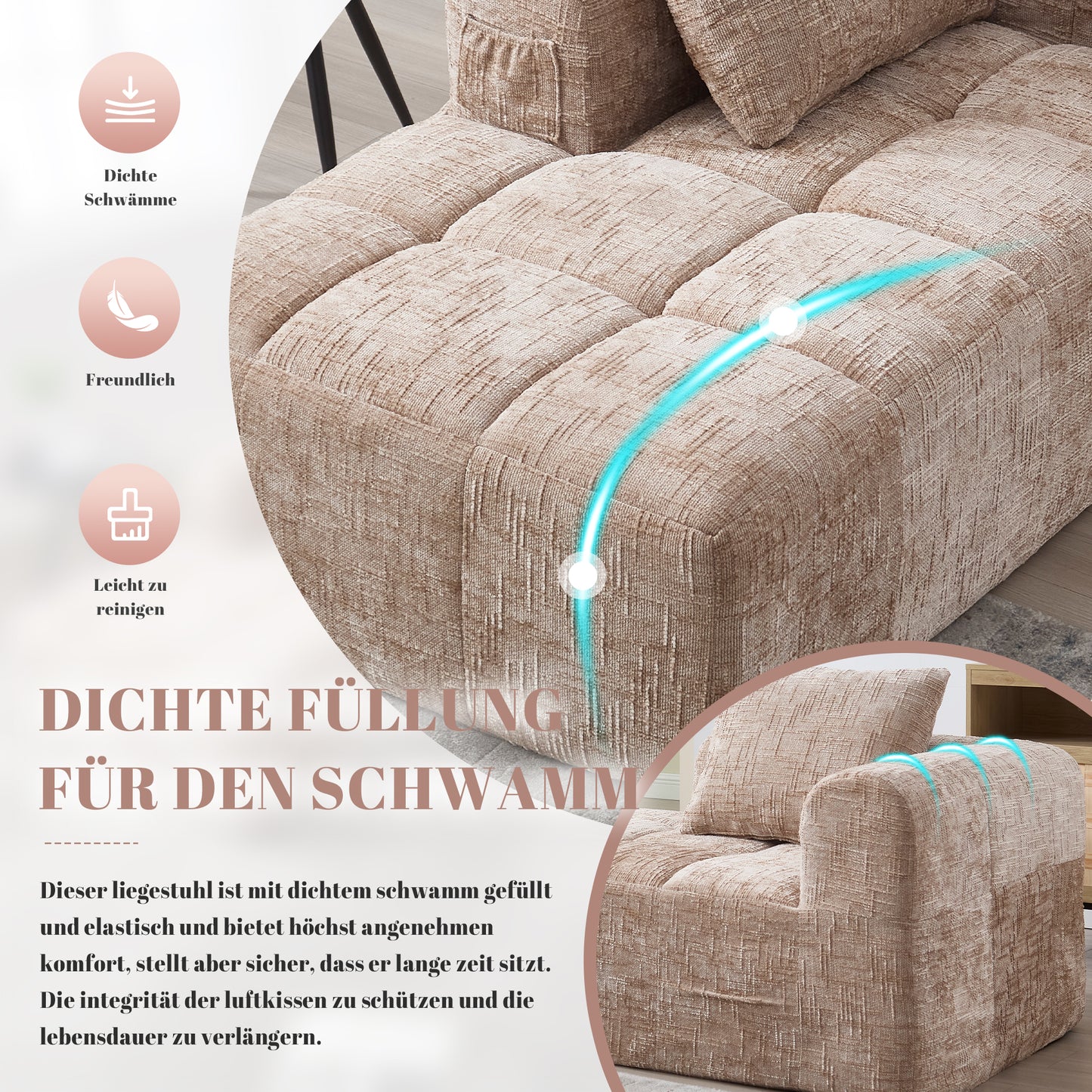 Comfortable Chaise Longue Sofa, No Assembly Required, Soft Sofa With Cushions, Side Pockets For Remote Control And Mobile Phone, Neat And Stylish, Khaki Color