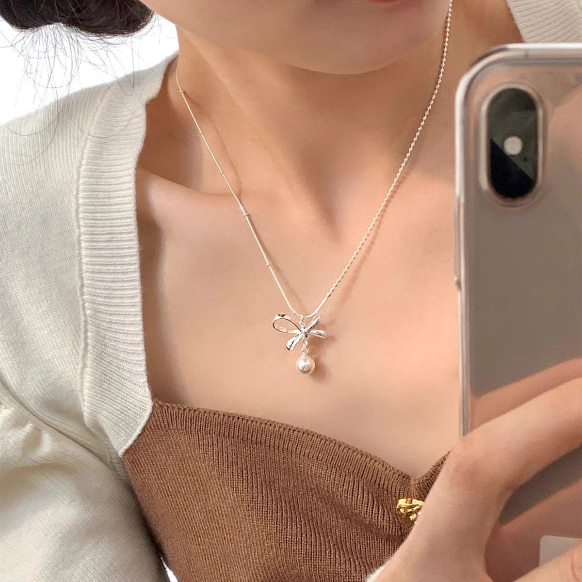 1pc 999 Sterling Silver Hollow Bow Pearl Pendant Necklace, Delicate Minimalist Style, Perfect For Daily Wear & Valentine's Gifts