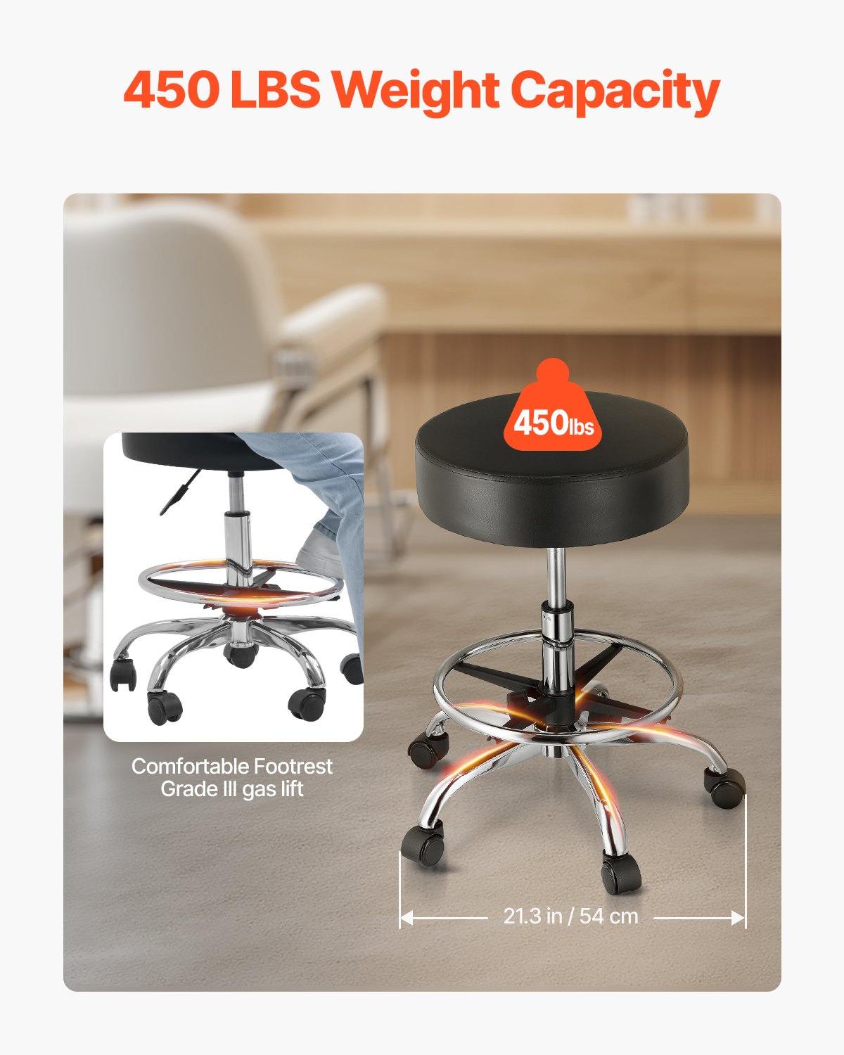 Rolling Stool With Foot Rest And Wheels, 450 LBS Weight Capacity Round Rolling Stool Chair, Height Adjustable Thickened PU Leather Swivel Stool For Salon, Spa, Massage, Tattoo, Clinic, Black