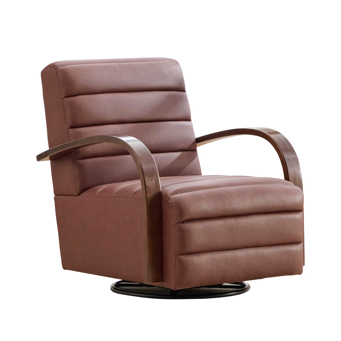 30.7 W Modern Upholstered 360 Swivel Accent Chair With Solid Wood Armrests And Comfy Channel Tufted Lounge Reading Chair, Single Sofa Armchair For Hotel Bedroom Living Room Office And Bedroom. Brown
