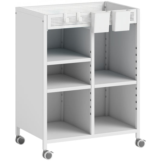 Bücherregal Auf Rollen, 4-stufig, Verstellbare Regalböden & Hängekörbe Für Home Office Und Wohnzimmer, Weiß