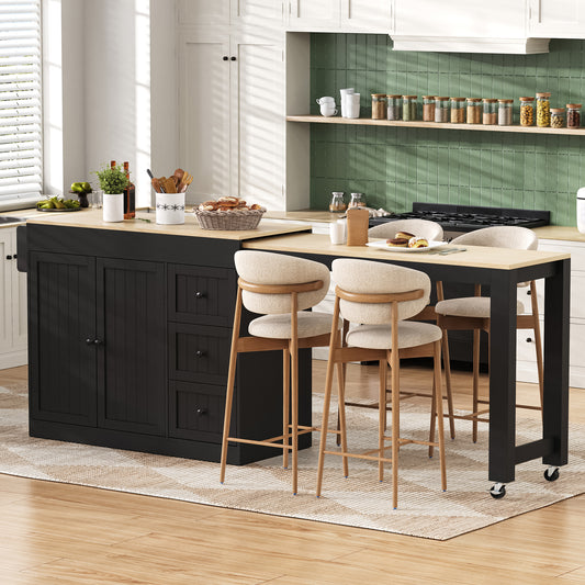 Kitchen Island On Wheels, Extendable Dining Area Kitchen Island With Spice Rack And Drawers, Mobile Kitchen Island Freestanding, Ideal For Kitchen And Dining Room  Black