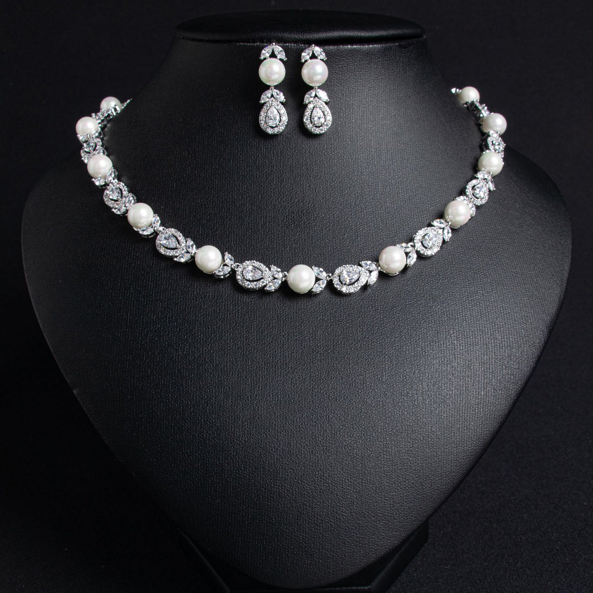 Korean Wedding Luxury Pearl Necklace Earrings Suit Full Diamond AAA Zircon Banquet Exquisite Accessories Bridal Jewelry