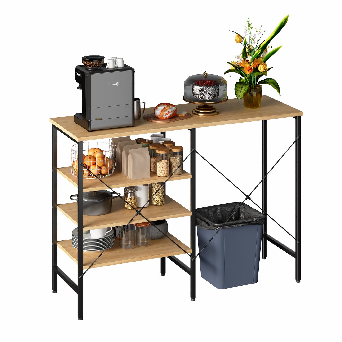 Multifunctional Side Table, Freely Combinable Organizer Table With Black Metal Frame & Wood Look Top, Flexibly Mountable For Kitchen, Living Room, Basement & Garage, 120x40x85.5cm
