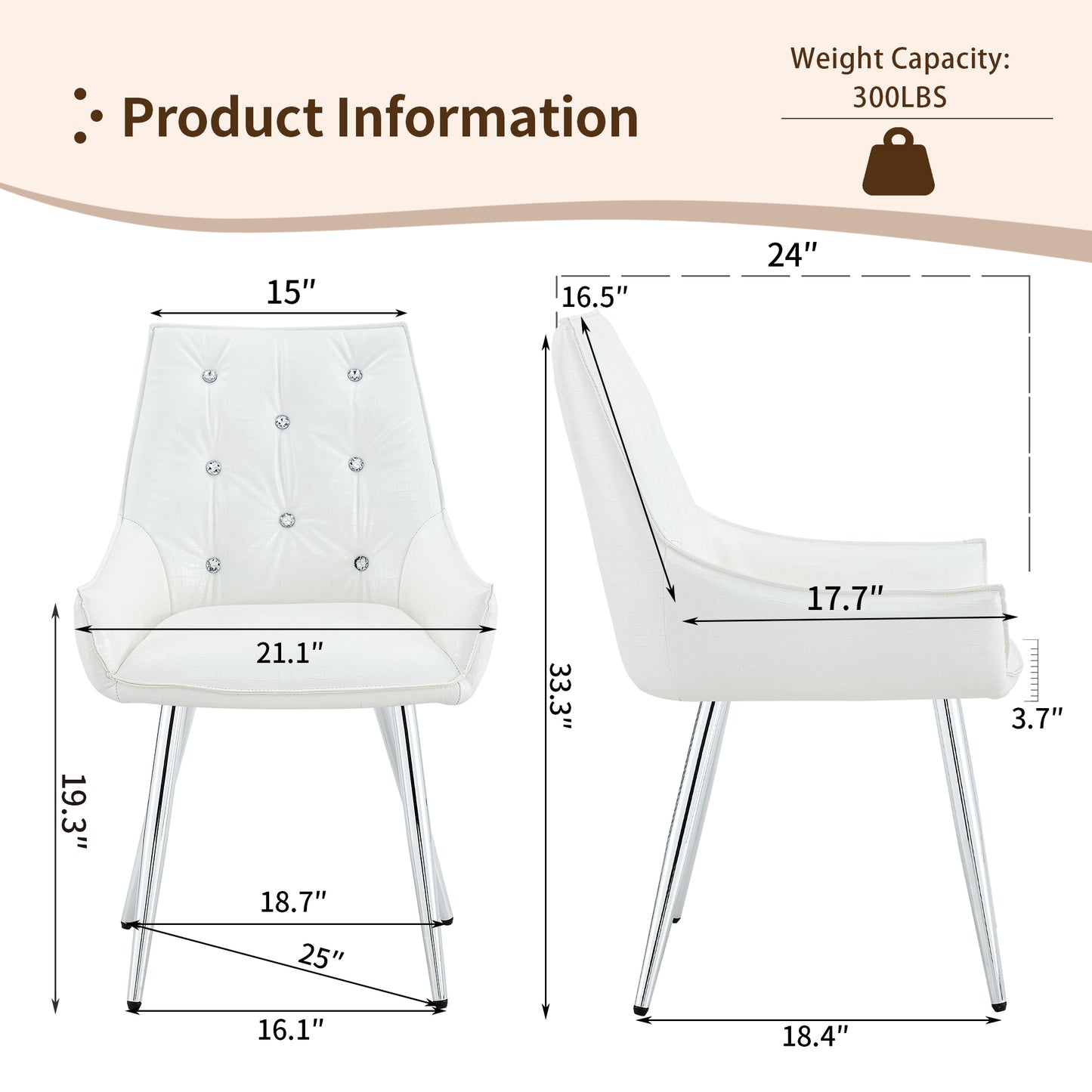 Pattern Premium PU Leather Accent Chair, Diamond Decor Backrest, Chrome Silver Metal Legs & High-Resilience Sponge Cushion  Versatile For Office, Dining Room & Living Room  White, Set Of 2