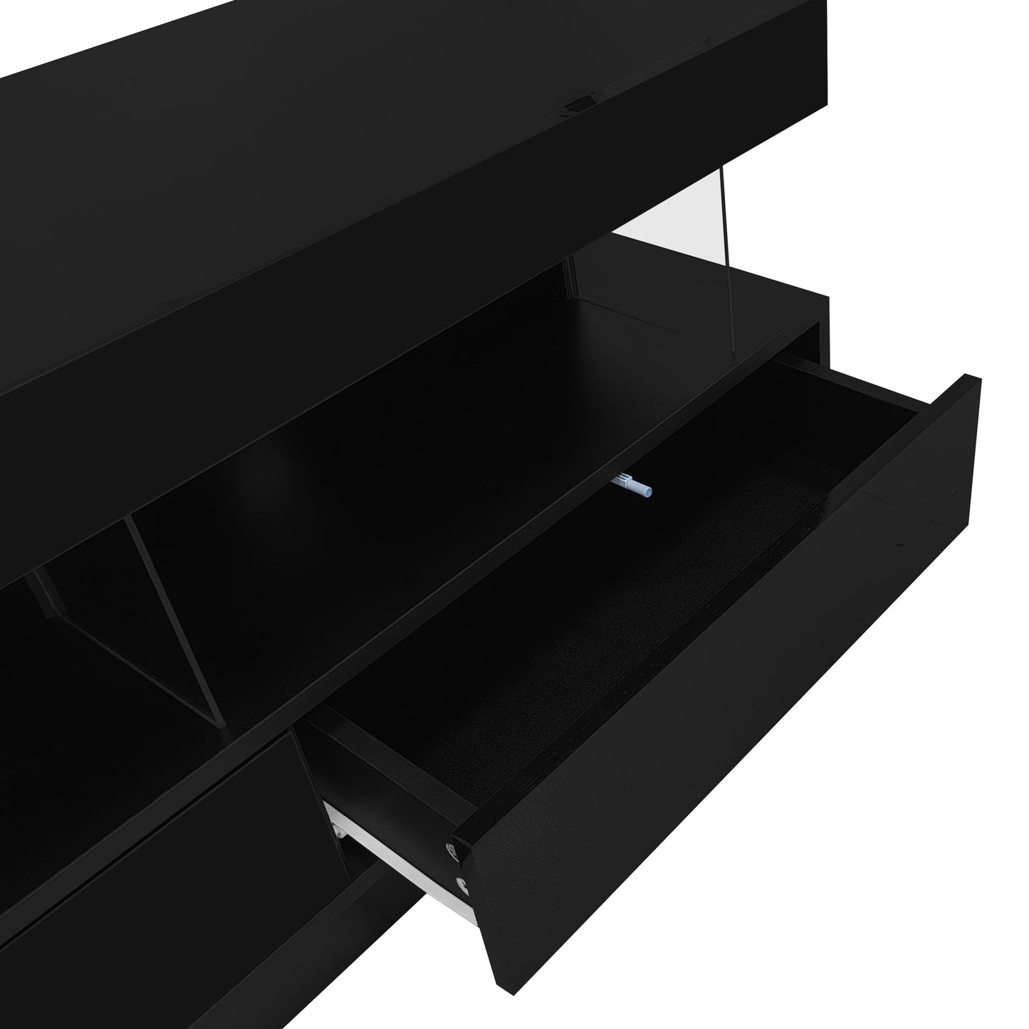 160X38X50.5cm Black High Gloss TV Stand With 3 Glass Shelves, LED Lighting, App Control, Bluetooth Connectivity For 70 Inch TV, High Gloss Glass TV Stand, Smart TV Stand