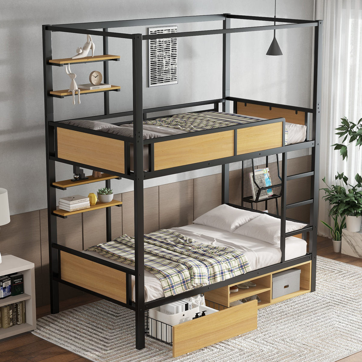 Bunk Bed, Iron Bed, Iron  MDF, Double Shelf On The Side Of The Bed, Storage Space Under The Bed, Bed Curtain Can Be Attached To The Upper Bed, Black  Natural, 90x200cm