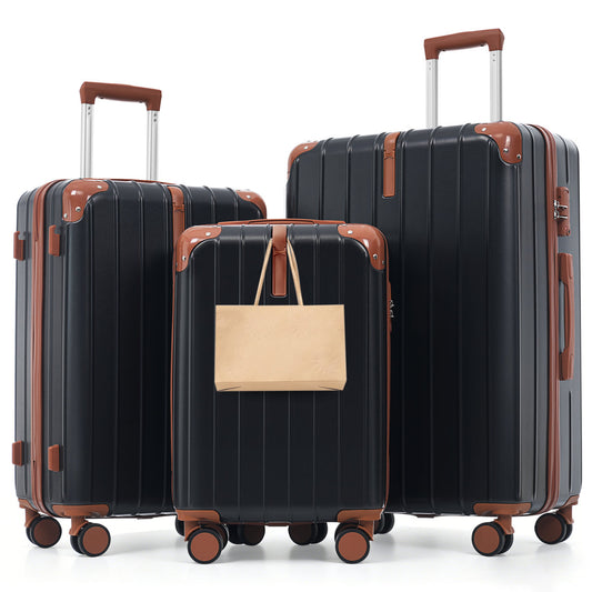 Premium ABS Travel Luggage Set , 3-Piece TSA Lock Suitcase Ensemble with 20, 24, and 28 Inch Sizes with 360° Spinner Wheels, black and brown