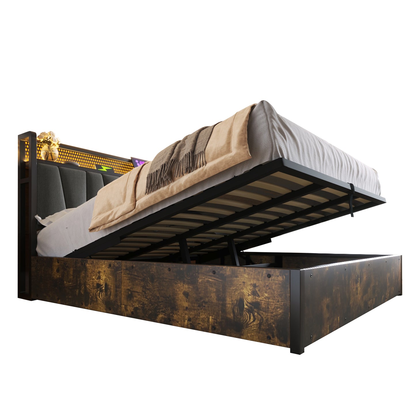 Upholstered Bed Metal Bed LED App-Control Double Bed With Charging USB Charging Headboard And LED Lighting, Metal Bed 160x200cm Wooden Slatted Frame, Grey Without Mattress