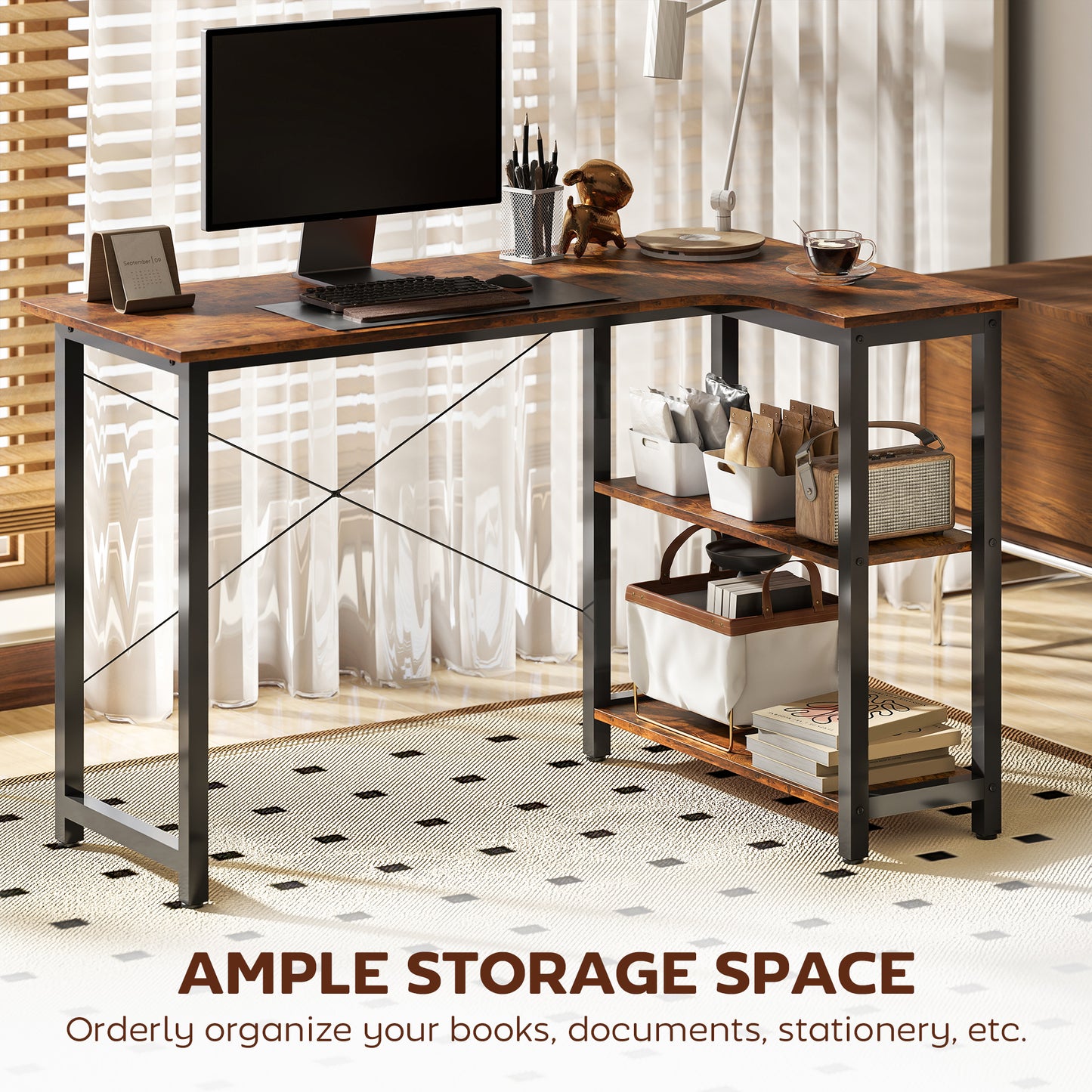 L Shaped Desk, Corner Computer Desk With Bookshelf For Home Office, Study Room, Workstation, 120 X 73.2 X 75cm, Rustic Brown