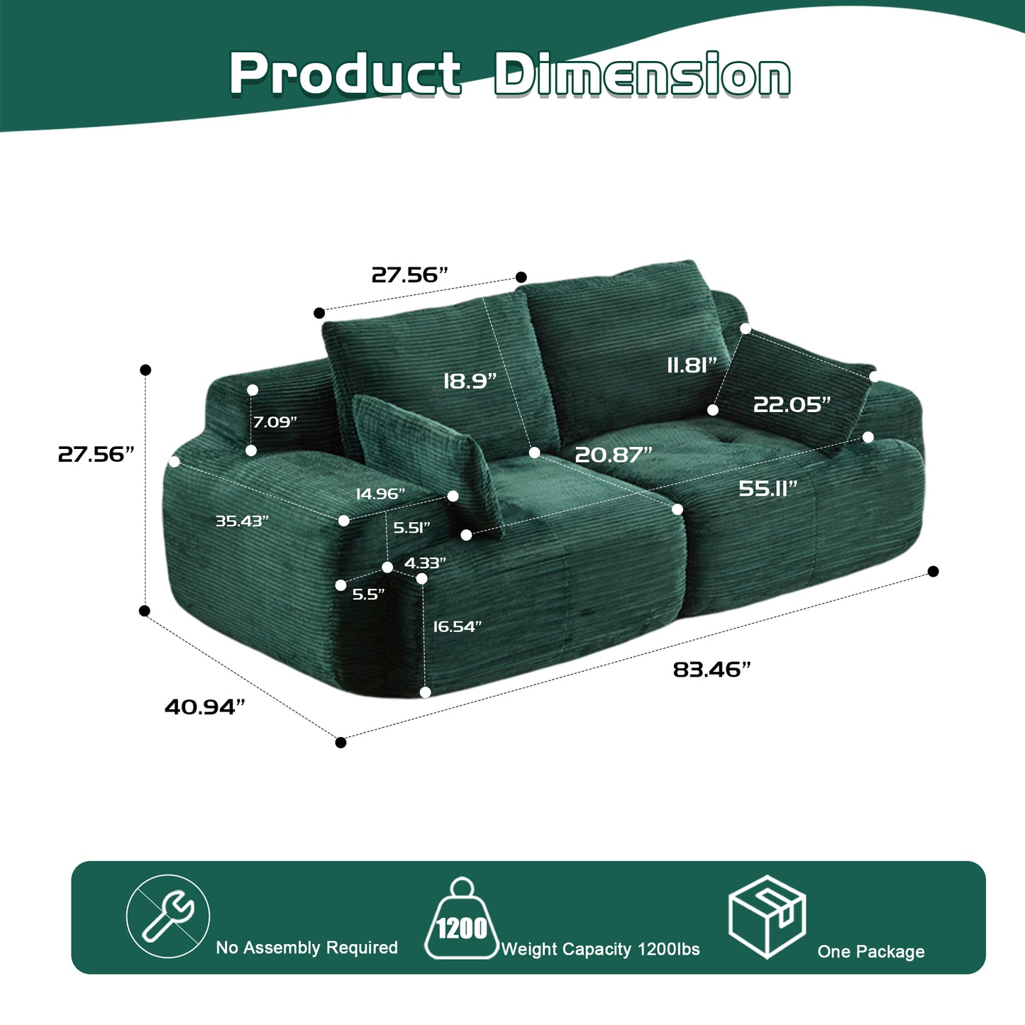 Modern Memory Foam Compressed Sofa,2 Seater Large Sectional Couches For Living Room,Pet-Friendly Cloud Modular Sectional Sofa,Corduroy Fabric,Extra Deep Loveseat,No Assembly Required, Green