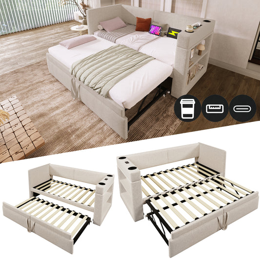 Upholstered Daybed 90x200 Cm, Single Bed Sofa Bed With Pull-out Bed, Armrests With USB & Type-C Charging Port And Cup Holder, Linen Blend, Beige, Without Mattress.