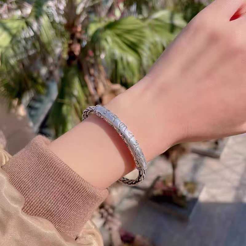 1pcs 925 Sterling Silver Tibetan Script Braided Open Bangle, Antique Ethnic Style, Ideal For Birthday Holiday Gifts