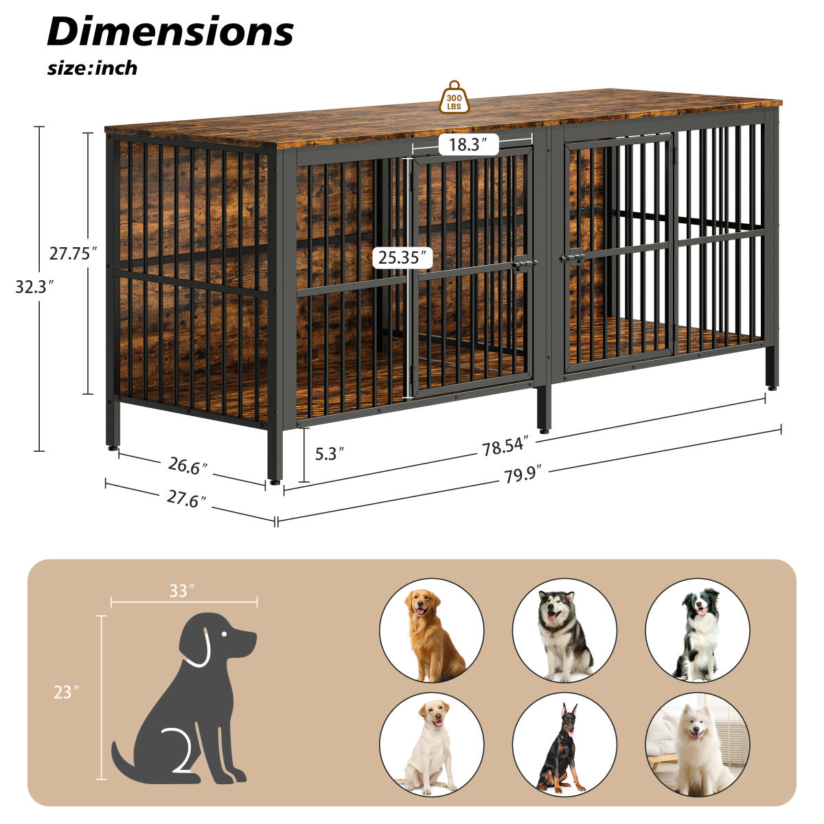 80  Dog Crate End Table, Heavy Duty 2-Door Indoor Pet Kennel, Multipurpose Dog House Furniture As TV Stand Or Side Table For Living Room, Large & Medium Dogs. Rustic Brown