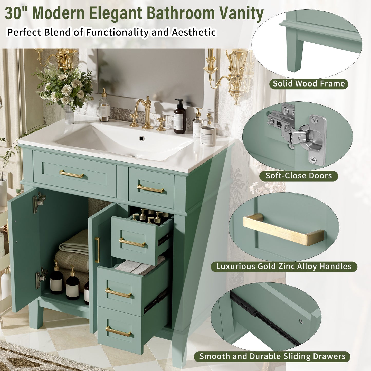 30  Bathroom Vanity With Ceramic Sink, Modern Storage Cabinet With Soft-Close Doors, Deep Drawer & Standard Drawer, Stylish Bath Vanity For Small Bathrooms Old SKU N729P276610F
