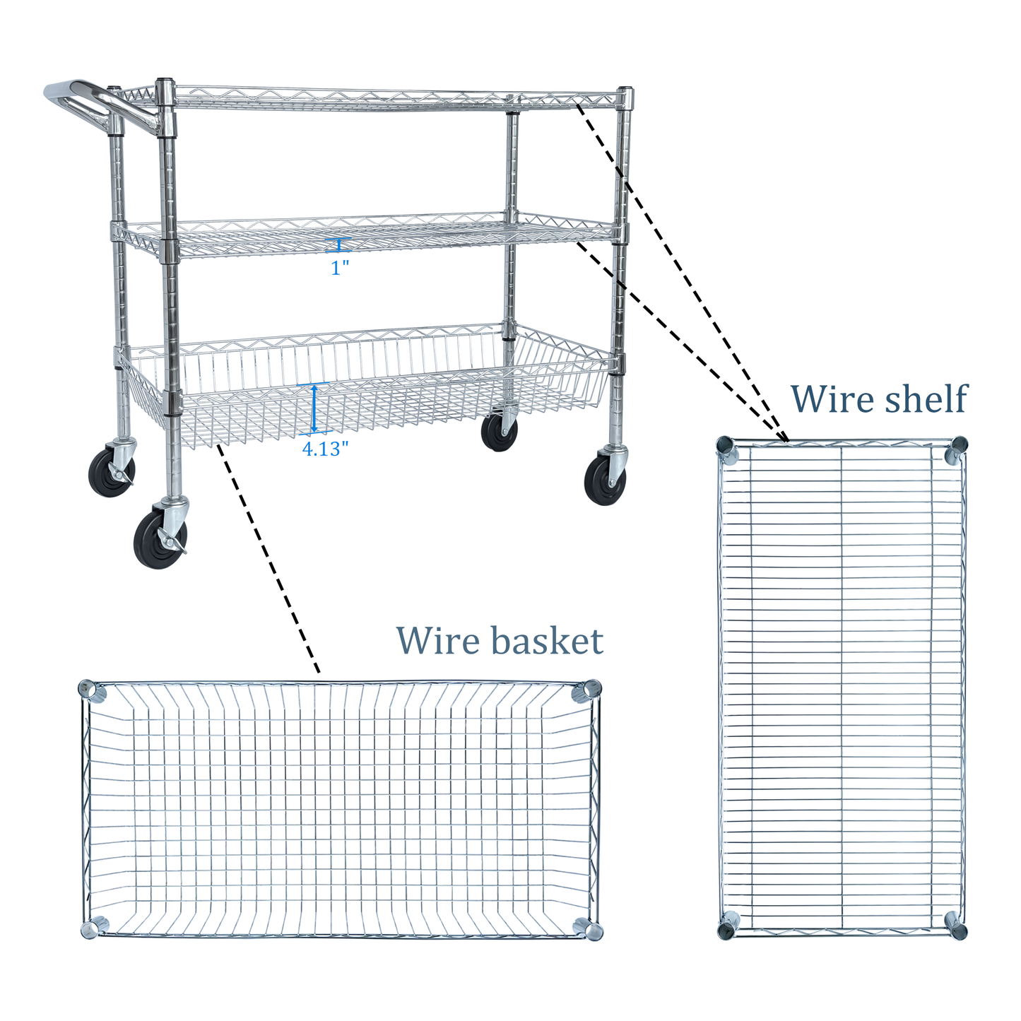 Heavy Duty Rolling Utility Cart,3 Tier Rolling Carts With Wheels,with Handle Bar & Shelf Liners,36inchx18inchx32inchStorage Cart For Kitchen,Restaurant,Plant Display,Chrome