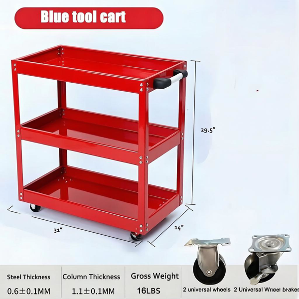 Upgrade 3-Tier Rolling Tool Cart With Lockable Wheels, Heavy Duty Steel Utility Cart, Kitchen Cart Organizer, Workshop Rolling Serving Cart For Garage, Warehouse, Red