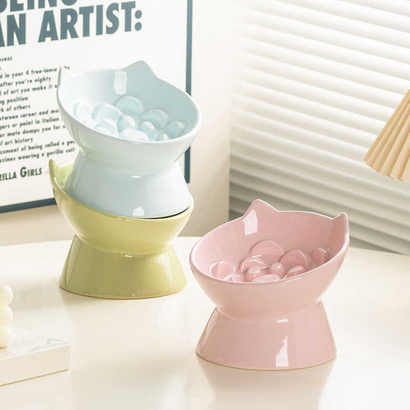 Ceramic Slow Feeding Bowl Cat And Dog Food Bowl Pet Cat Ear Relief Bowl Oblique Mouth