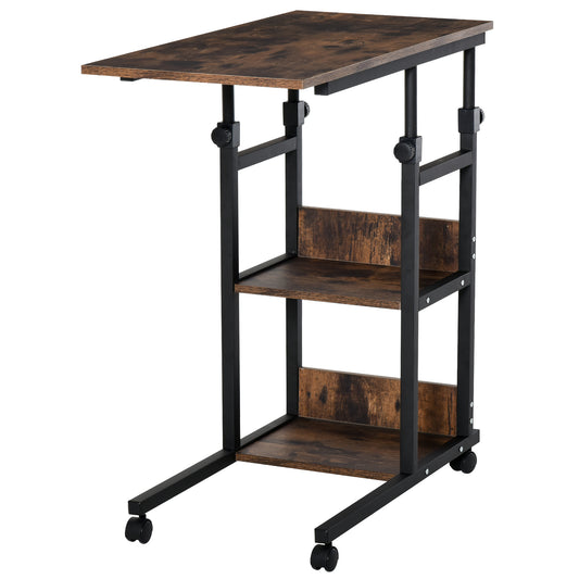 C-Shaped Side Table Industrial Mobile Rolling End Desk With 3-Tier Storage Shelving, Adjustable Height, Wheels