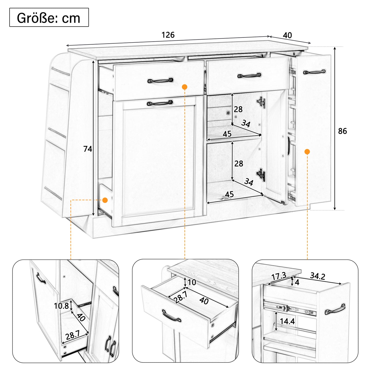 Modern Sideboard With Different Drawers, Buffet Cabinet With Waste Bin Compartment And External Spice Rack For Dining Room, Living Room And Kitchen  Grey