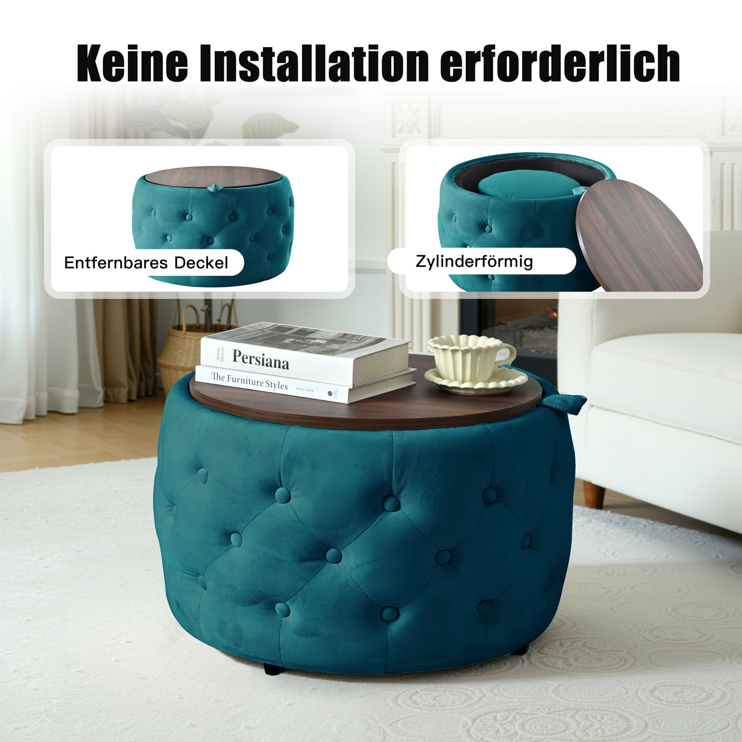 Luxury Set Of 2 Velvet Nesting Stools, 4-in-1 Function, Round Storage Footstool With Wooden Shelf, No Setup Required, Blue  58cm X 58cm X 38cm