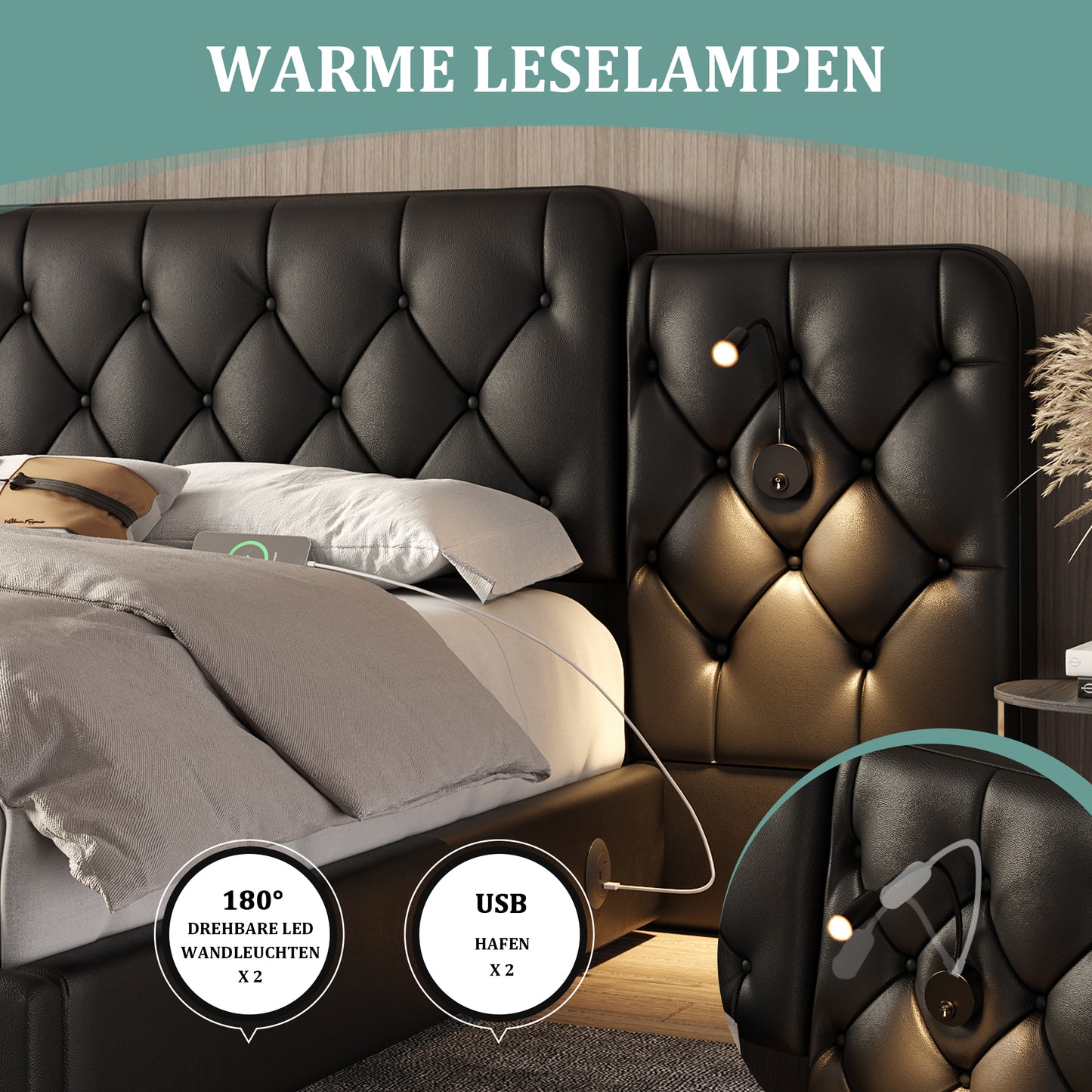 Old SKU W1880S00075 Bed Frame With Long Headboard, Fashionable Velvet Material, Multiple USB Ports, Desk Lamp, Hydraulic System, Extra Large Storage Space At The Bottom, 180 X 200 Cm, Black